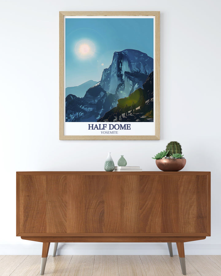 This stunning Half Dome poster print captures the natural beauty of Yosemite National Park, featuring Glacier Point and the towering presence of Half Dome. Ideal for nature lovers and adventurers, this travel print brings Yosemites wonders to your home decor.