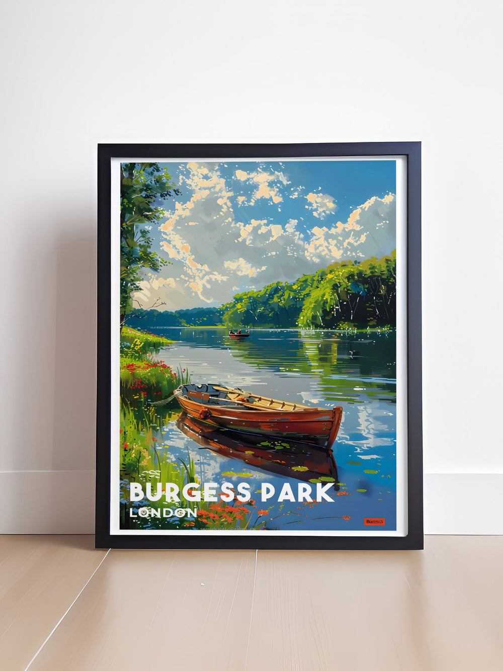 Beautiful home decor piece featuring Burgess Park Lake in London. The vibrant colors and detailed imagery bring the tranquility and charm of this urban park into your living space, making it a perfect addition to any art collection.