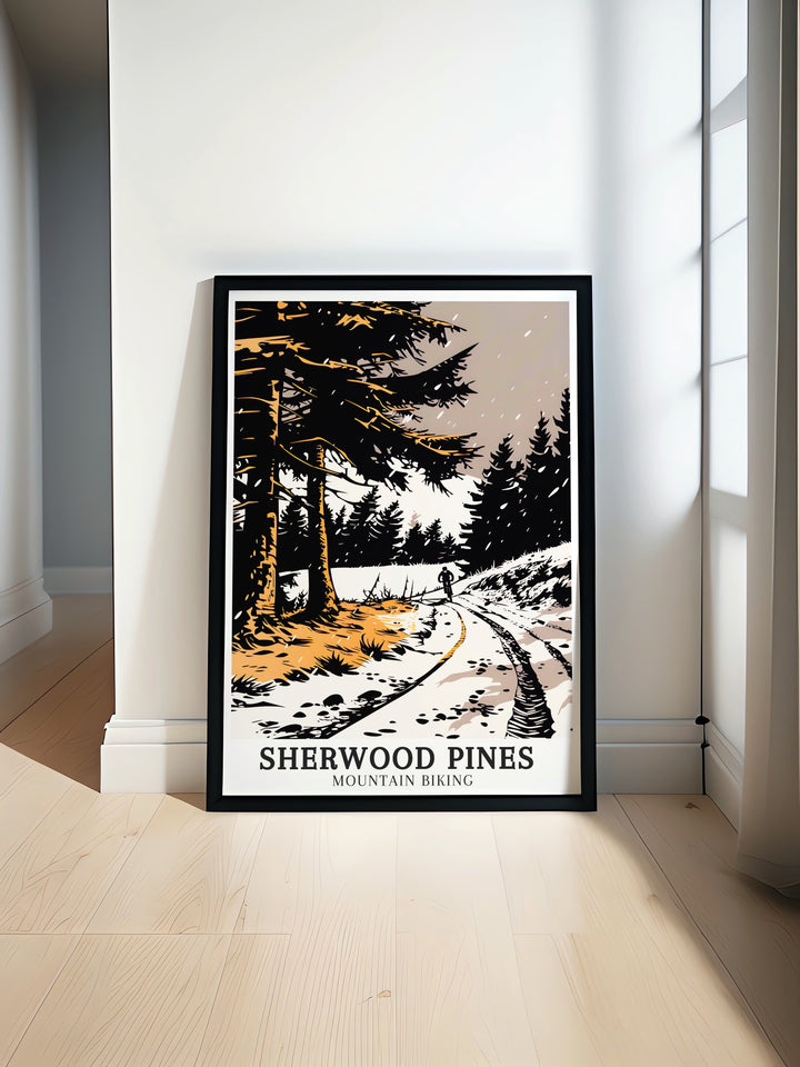 Sherwood Pines and Sticky Switchbacks art deco travel posters showcasing vibrant landscapes and challenging trails of Edwinstowe, Nottinghamshire. These framed travel posters are ideal for adding a touch of adventure to your wall decor. Experience the thrill of Sherwood Pines through our beautifully crafted art deco travel posters.