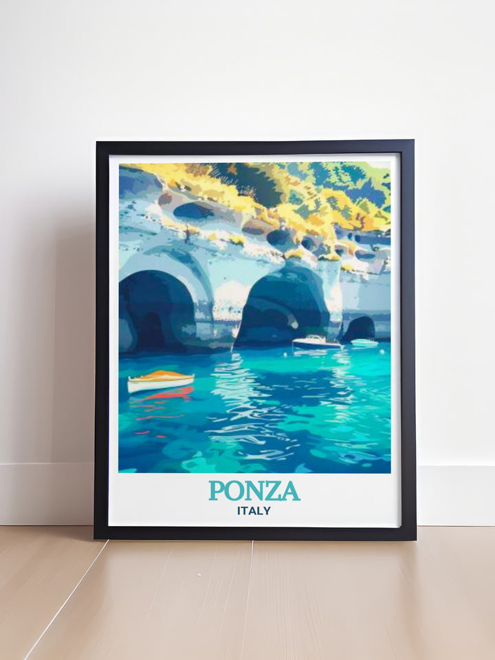 Grotte di Pilato in Ponza, Italy, offers a glimpse into the islands ancient past. This artwork depicts the caves intricate rock formations and the tranquil waters that surround them. Ideal for anyone with a passion for history or a love of Italian landscapes, this print adds depth and sophistication to your home decor.