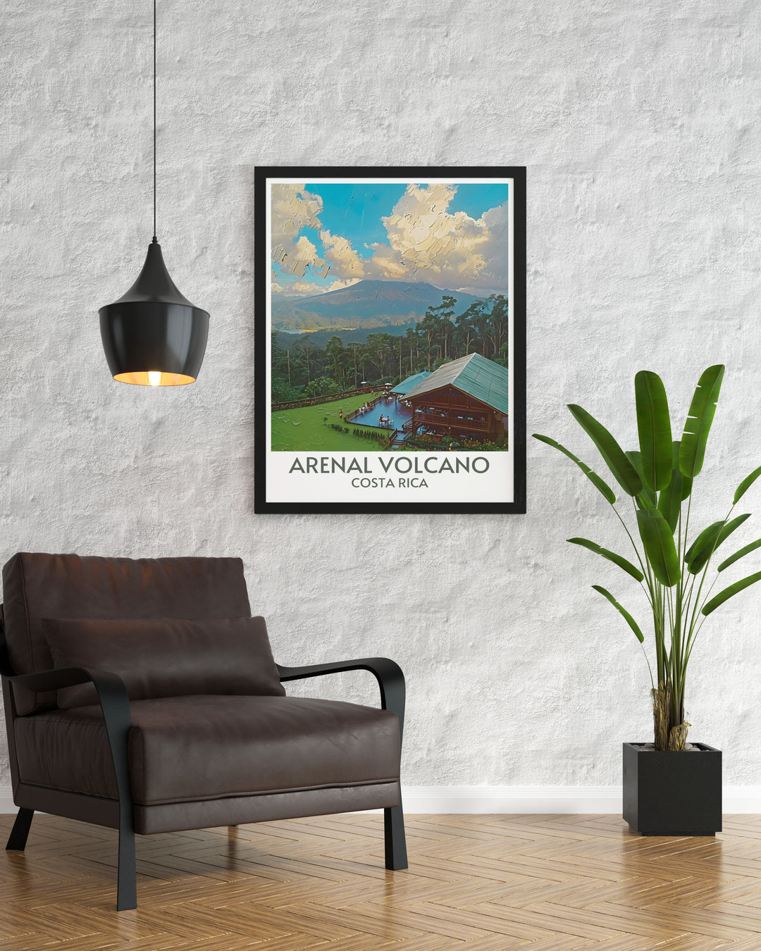 Enjoy the peaceful setting of The Arenal Observatory Lounge and Spa in this vibrant print with lush greenery and volcanic views.
