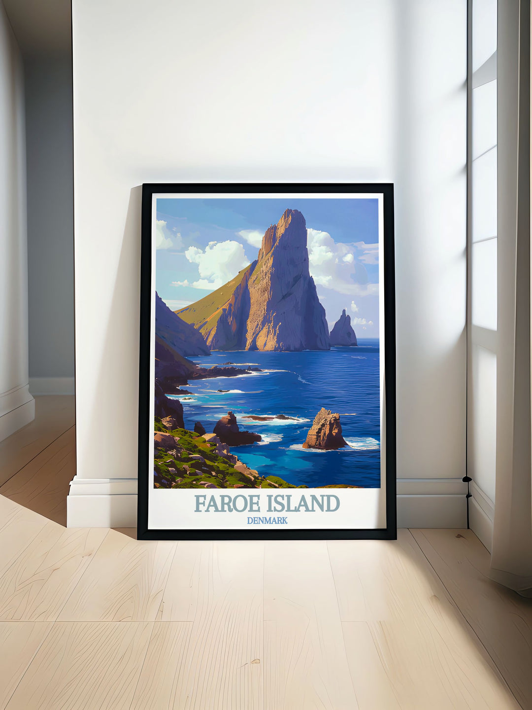 This travel poster of Tindhólmur captures the dramatic beauty and serene environment of one of the Faroe Islands most treasured natural landmarks, offering a glimpse into Denmarks stunning wilderness.