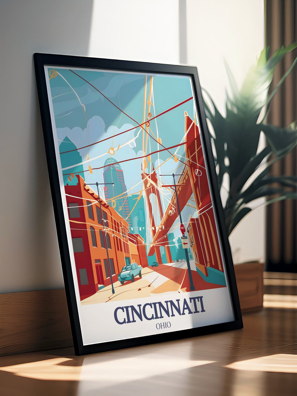 Beautiful city art print of Roebling Suspension Bridge Roebling Point highlighting Cincinnatis iconic landmarks an ideal piece for city enthusiasts and art lovers looking to enhance their home decor