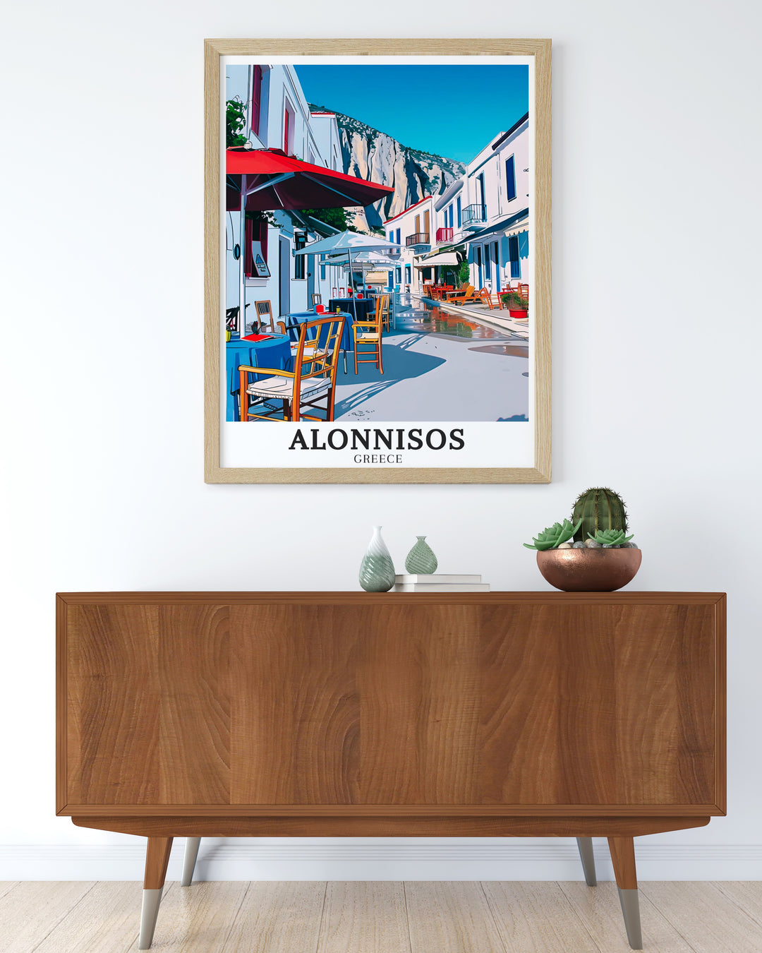 Alonnisos vintage poster featuring the Old Town, Aegean cliffs, and the charming port of Patitiri. The artwork offers a nostalgic yet vibrant look at one of Greeces hidden gems, making it a great addition to any space.