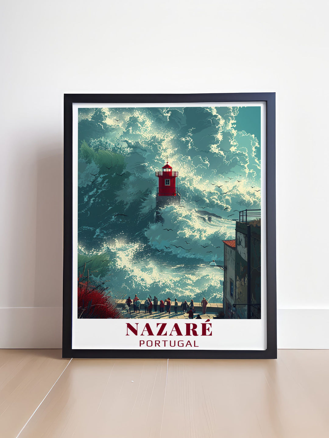 Captivating Nazare print with Praia do Norte scenery an excellent choice for Portugal travel art bringing the vibrant coastal charm of Nazare into your home