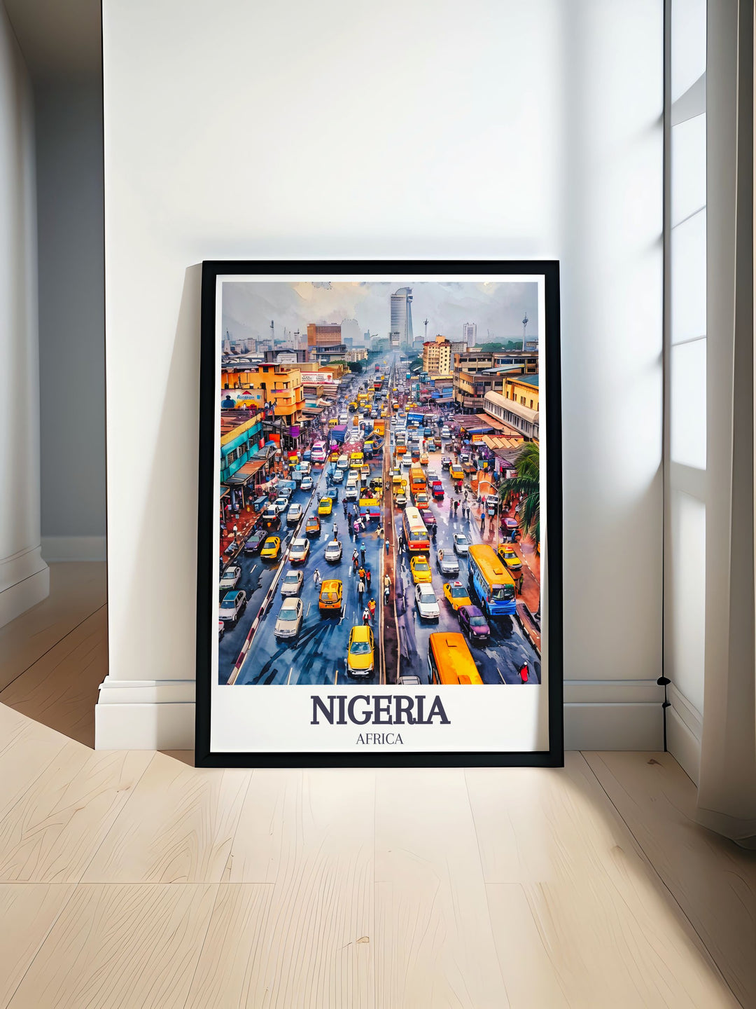 Discover the vibrant life of Lagos with this stunning Nigeria poster perfect for adding a touch of elegance to your living room or office décor ideal for travel enthusiasts and art lovers.