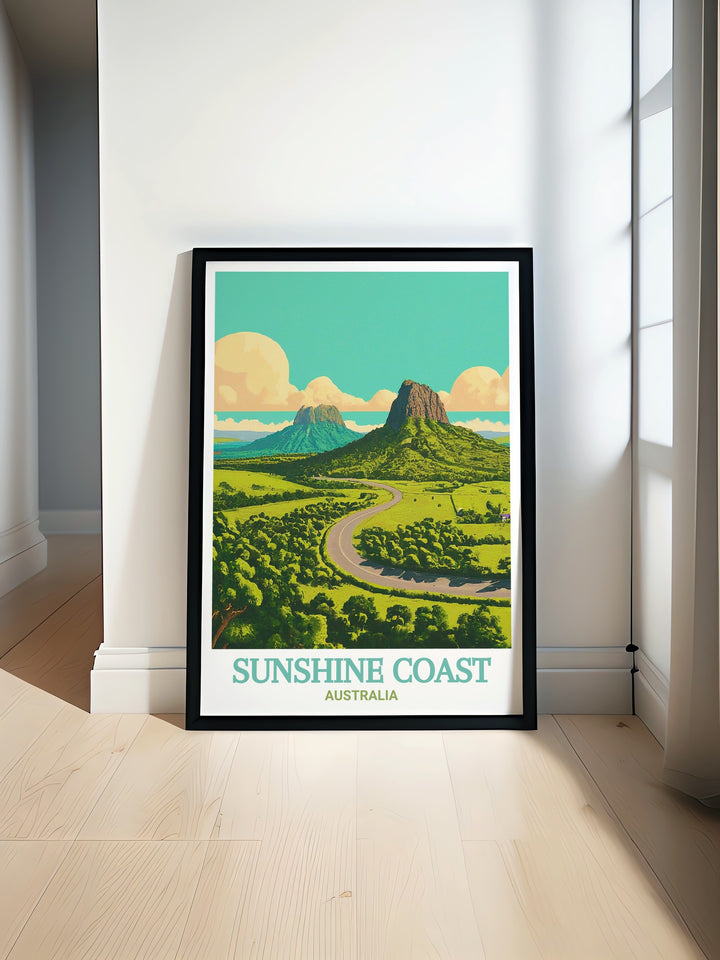 Bring the beauty of Australias Sunshine Coast into your home with this detailed travel print, showcasing the Glass House Mountains. This wall art offers a perfect mix of tranquility and adventure, ideal for any traveler or art enthusiast.