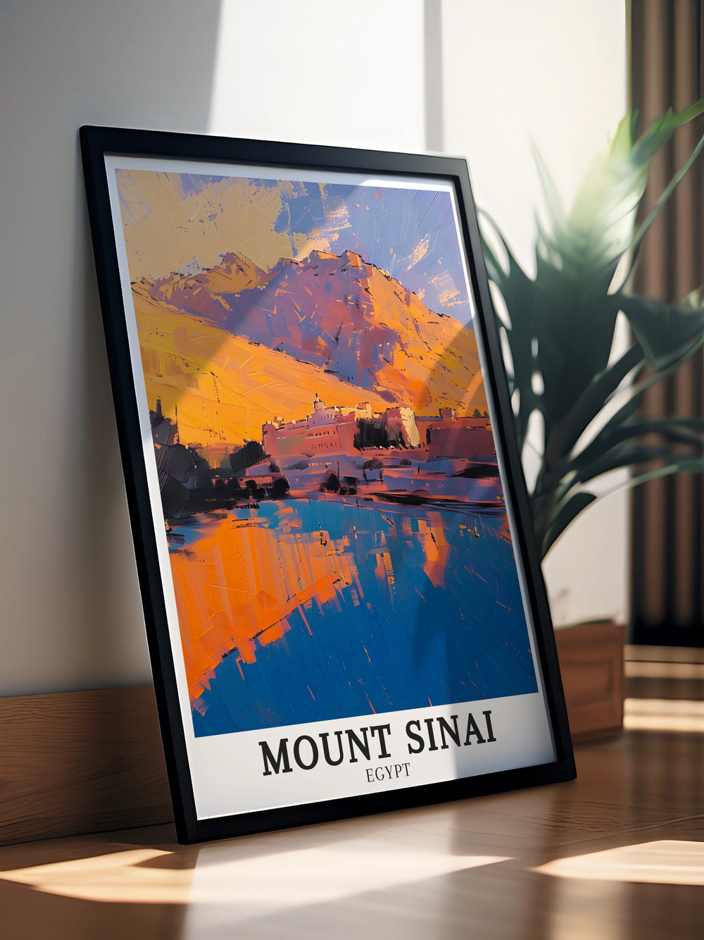 Monastery of Saint Catherine nestled at the base of the Sinai High Mountain Range is beautifully depicted in this Mount Sinai Poster Print showcasing the rugged landscape of Mount Sinai Egypt a stunning piece of wall art capturing both natural beauty and religious significance