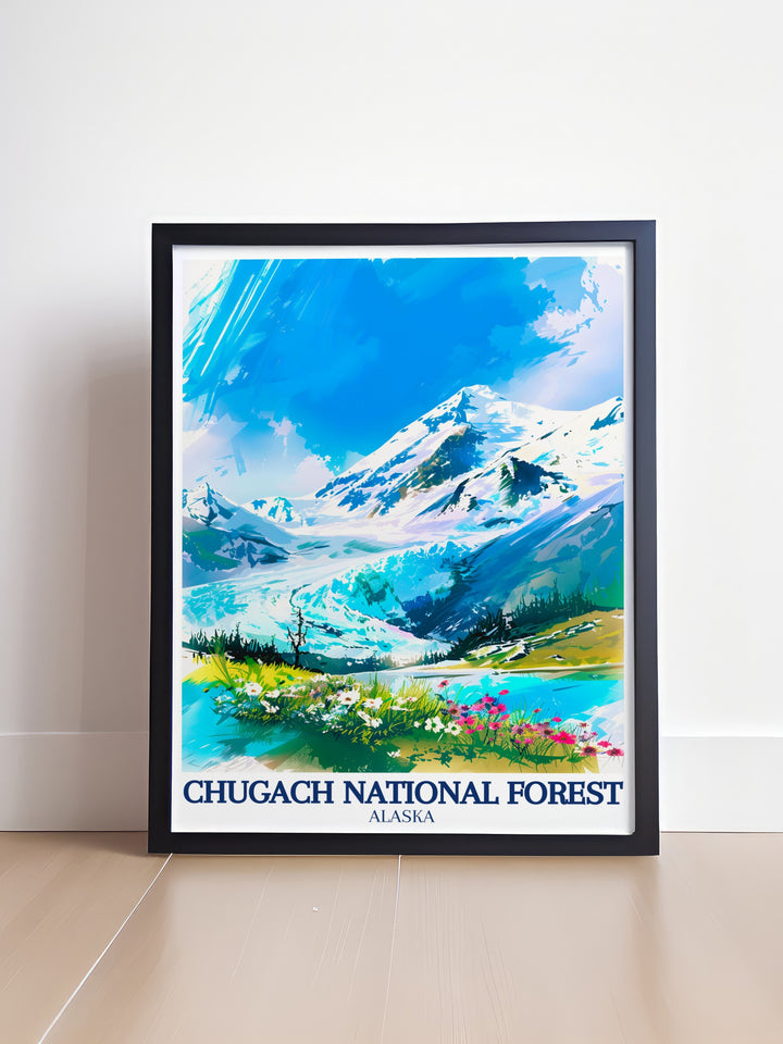 This Alaska travel print features the awe inspiring Holgate Glacier and Kenai Fjords. A must have for any adventure enthusiast, this poster brings the natural beauty of Chugach National Forest into your home in stunning detail.