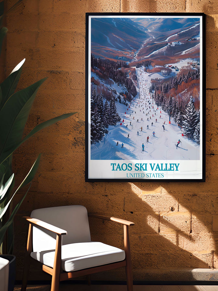 Immerse yourself in the adventurous spirit of Taos with this travel poster, highlighting the iconic Als Run and the surrounding alpine beauty.