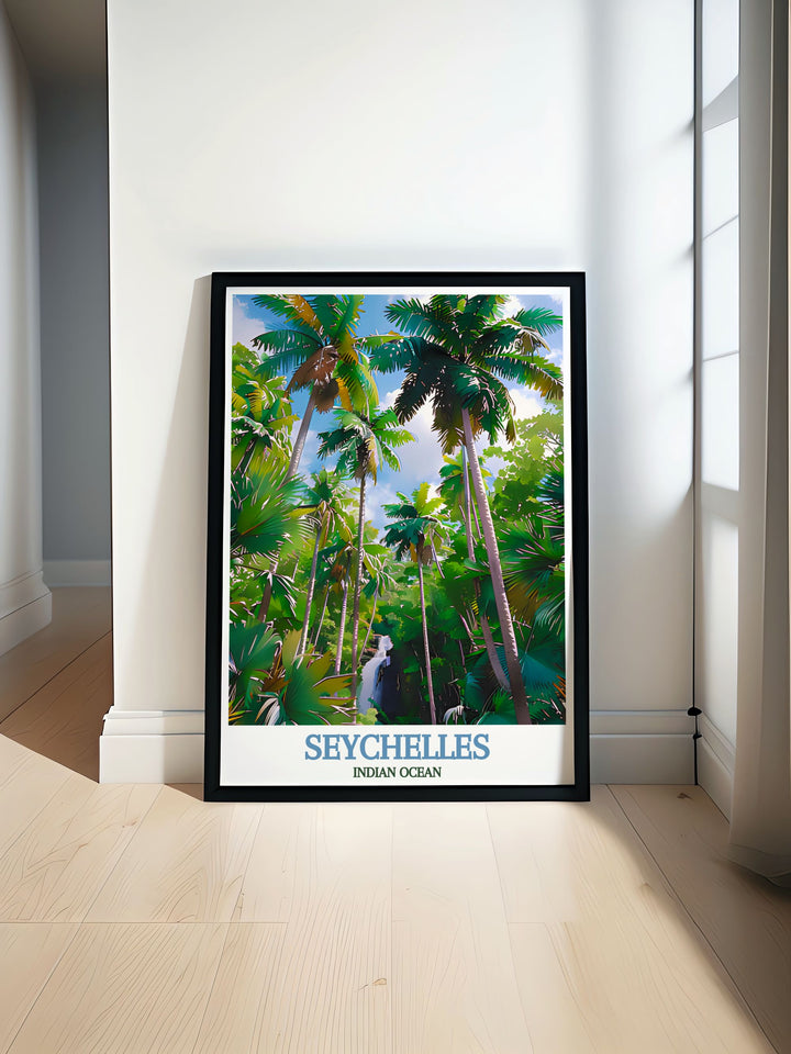 This Vallée de Mai Travel Poster brings the natural wonders of Seychelles into your home. The dense palm trees and rich vegetation offer a tranquil escape to the Indian Ocean. The print makes for a thoughtful gift for nature lovers and those who dream of tropical getaways.