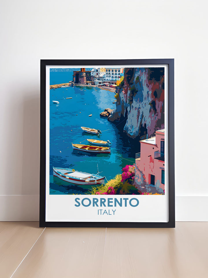 Sorrento print highlighting Marina Grande mountain and the iconic harbor of this beautiful Italian coastal town. Vibrant Sorrento travel poster ideal for anyone who loves Italy and wants to bring a piece of its stunning scenery into their home or office.