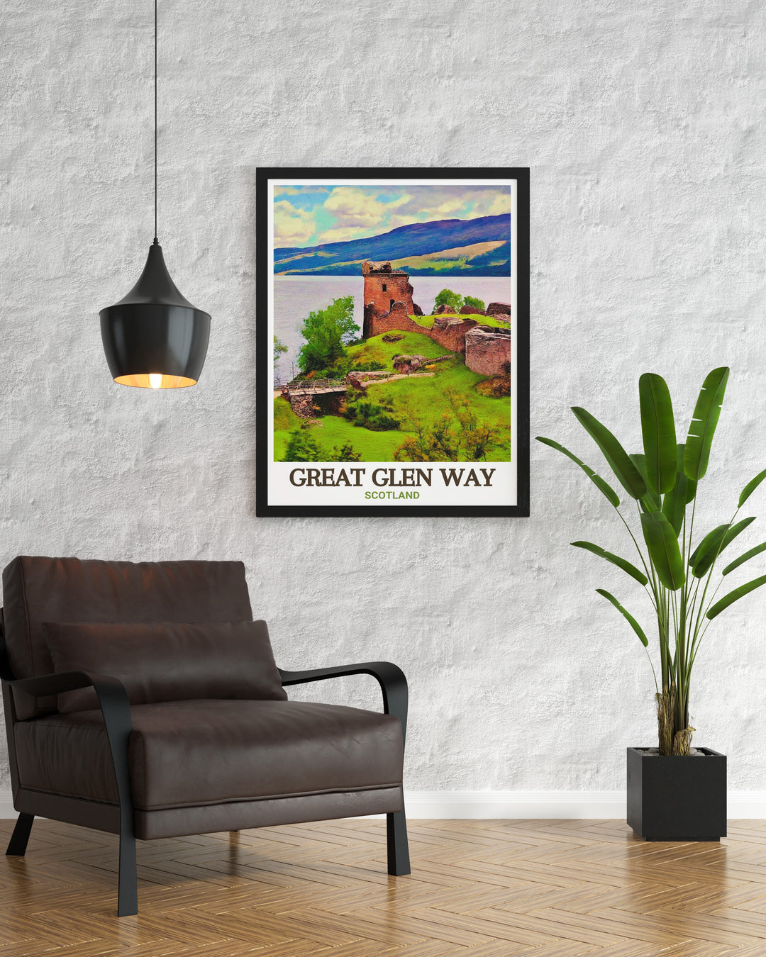 Great Glen Way print and Urquhart Castle art offer a perfect combination of adventure and history for your home showcasing the iconic landscapes of the Scottish Highlands and the ancient ruins of Urquhart Castle in beautiful National Park prints