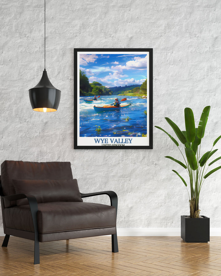 Framed print of Canoeing and Kayaking on the River Wye capturing the beauty of ancient woodlands and river scenery. Perfect for adding elegance to any living room decor.