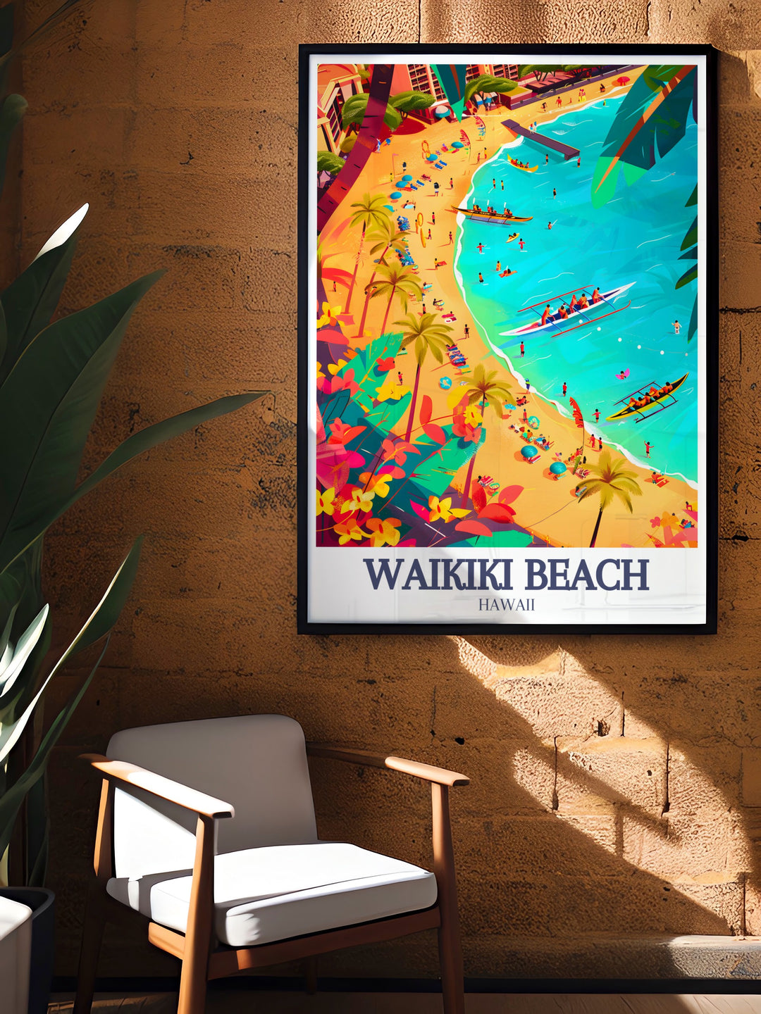 Waikiki Beach Poster offers a vibrant and detailed look at Hawaiis most famous beach, with its golden sands and turquoise waters. This print is perfect for adding a tropical touch to your living space, capturing the relaxing essence of Hawaii in a stunning art piece.