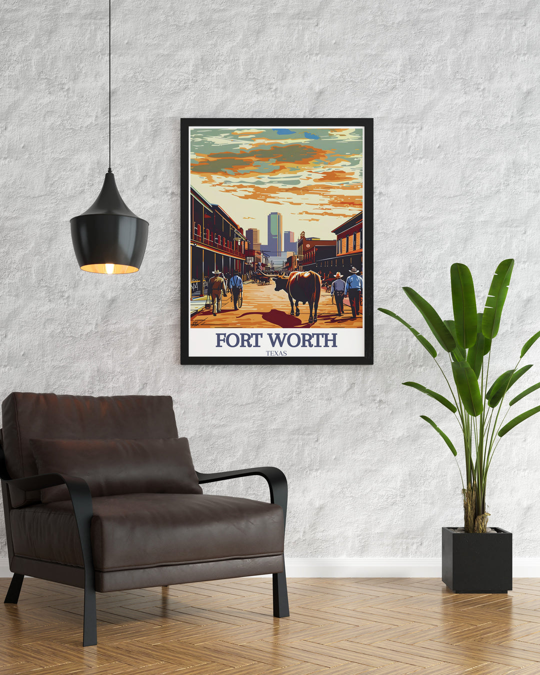 This Fort Worth poster print highlights the historic Stockyards and Exchange Street, capturing the essence of Texass Western heritage. Perfect for anyone who loves Fort Worth or is drawn to its rich history, this travel print adds character to any room.