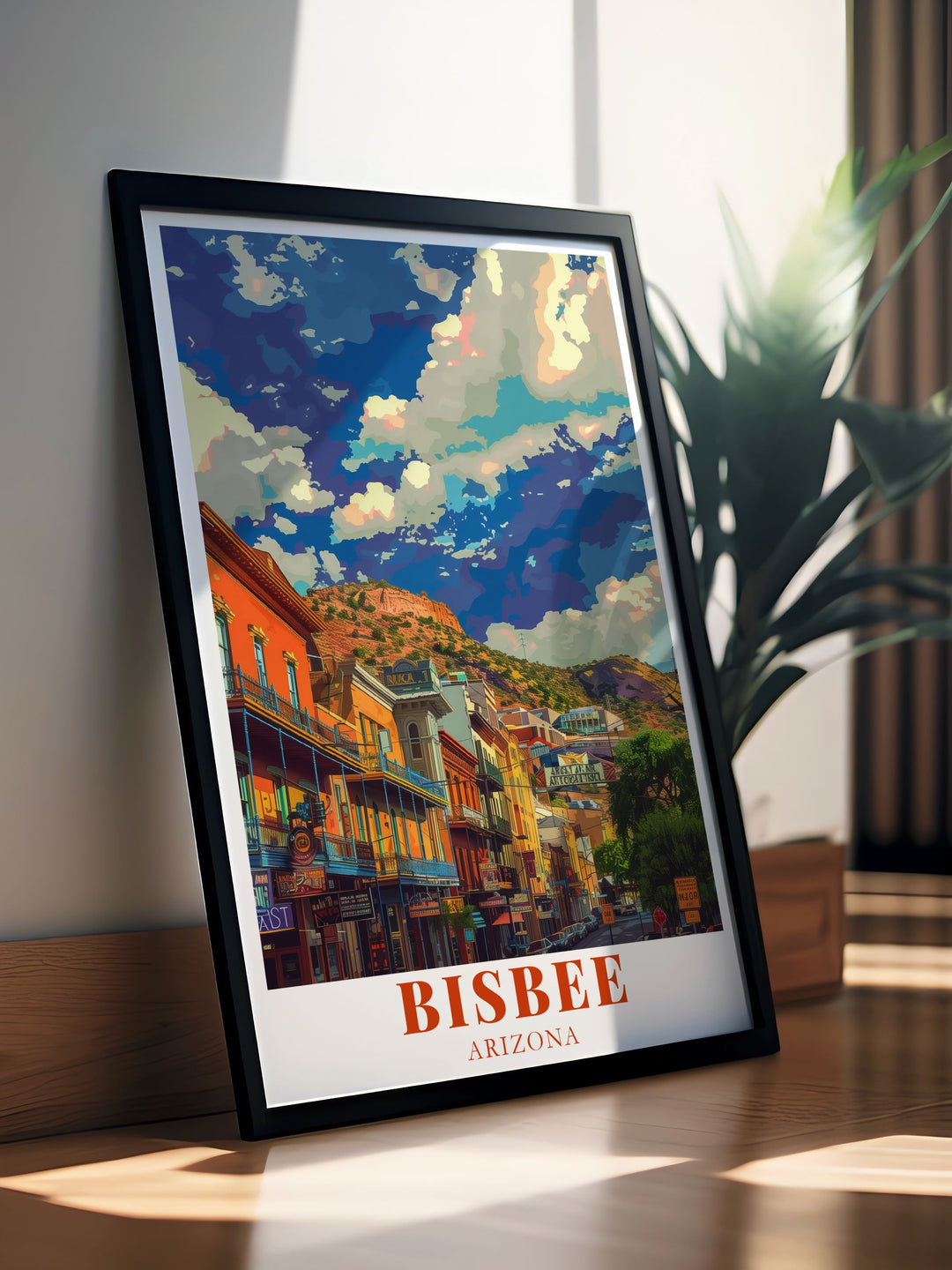 Stunning Bisbee wall art capturing the beauty of Historic Downtown Bisbee in Arizona. This Arizona travel print adds elegance to any room while celebrating the rich history and culture of this charming Arizona town.