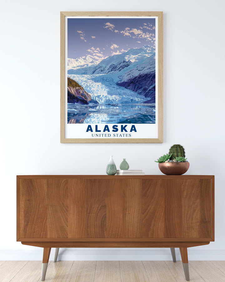 This Mendenhall Glacier travel print captures the peaceful yet powerful beauty of Alaskas famous glacier. The stunning detail and vibrant colors make it an ideal choice for wall art that inspires adventure and appreciation for the natural world.