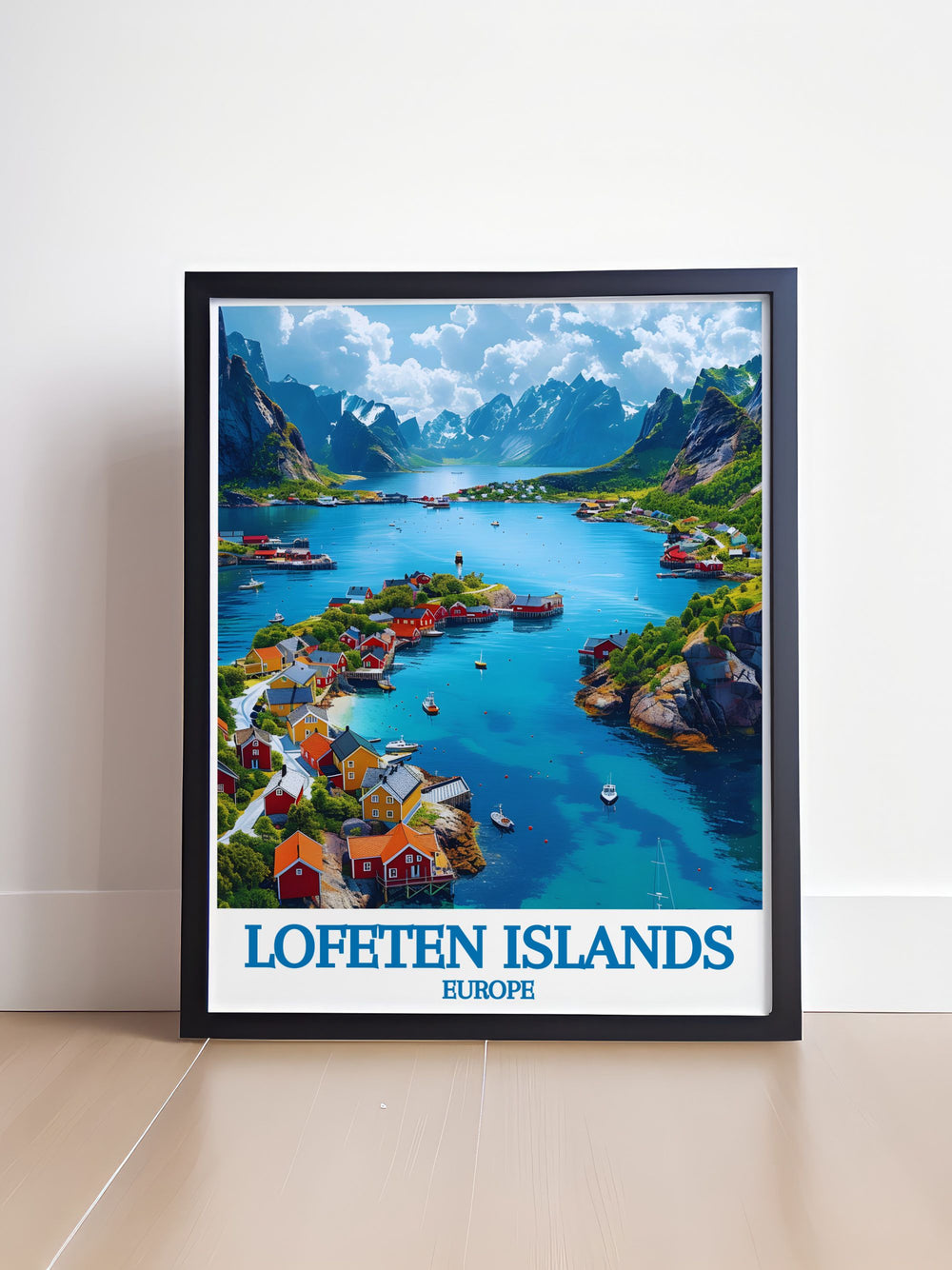 Framed art print of Henningsvær in the Lofoten Islands, Norway, capturing the regions stunning coastal scenes. The artwork features the iconic wooden houses, the dramatic mountains, and the calm fjord, offering a captivating depiction of Norways coastal heritage. The intricate details and vibrant colors make this framed art a beautiful addition to any home decor.