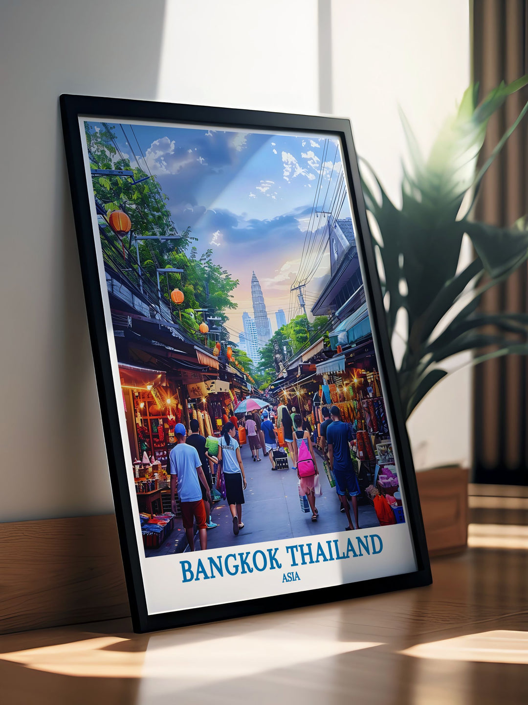 Bangkok cityscape canvas art presenting a panoramic view of the citys towering buildings lit under a twilight sky, suitable for modern home or office settings.