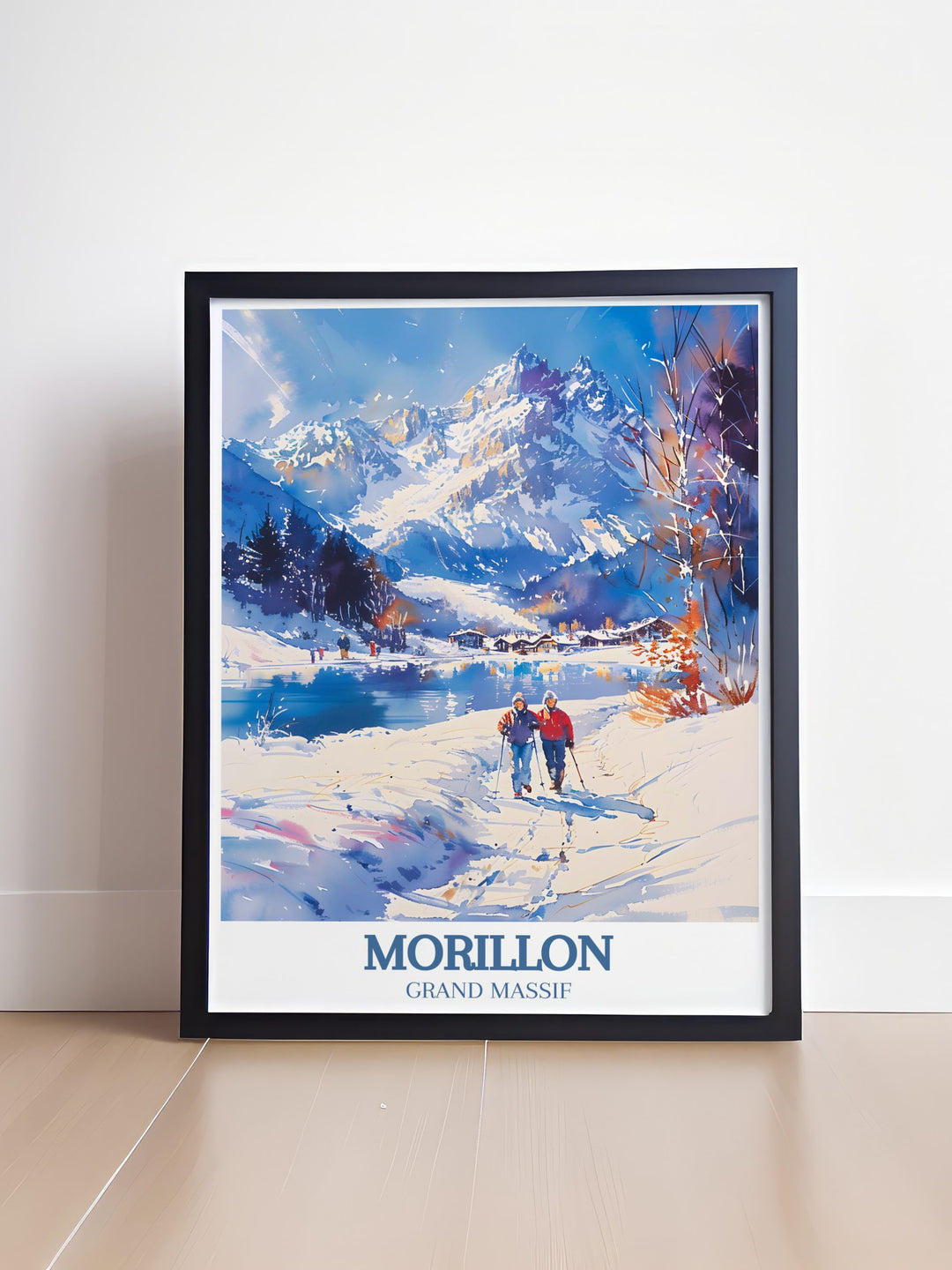 Skiing wall art featuring Morillon village Le Lac Bleu perfect for winter sports enthusiasts and those looking to enhance their home with elegant and sophisticated prints