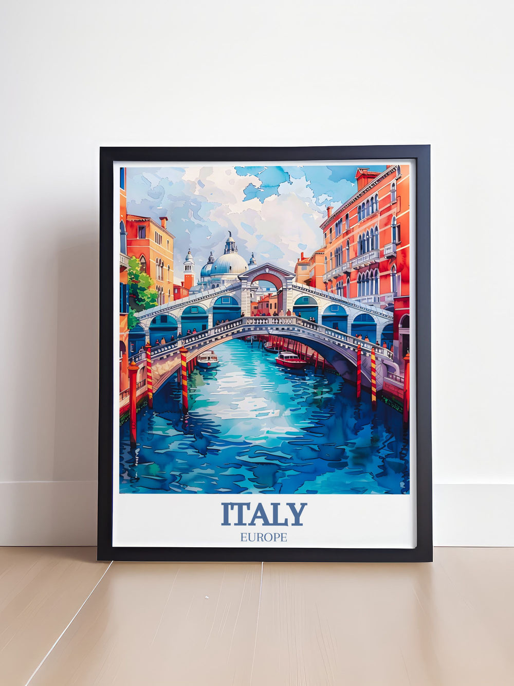 This travel poster beautifully illustrates the Grand Canal, Rialto Bridge, and St. Marks Basilica in Venice, capturing the essence of Italys rich history and architectural splendor.