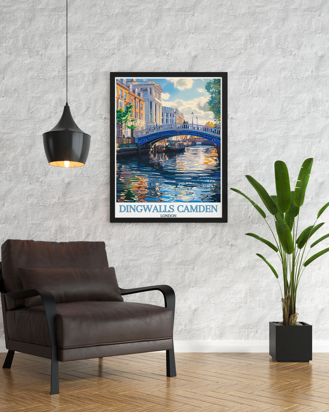 This travel poster captures Camden Towns vibrant market scene, highlighting its colorful stalls and lively atmosphere, perfect for any home decor.