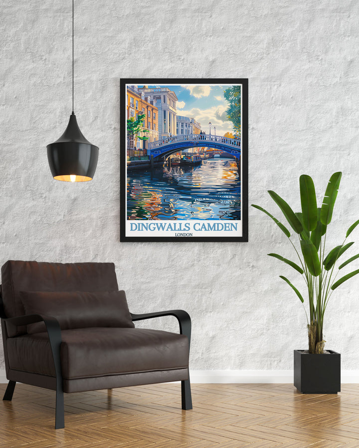 This travel poster captures Camden Towns vibrant market scene, highlighting its colorful stalls and lively atmosphere, perfect for any home decor.