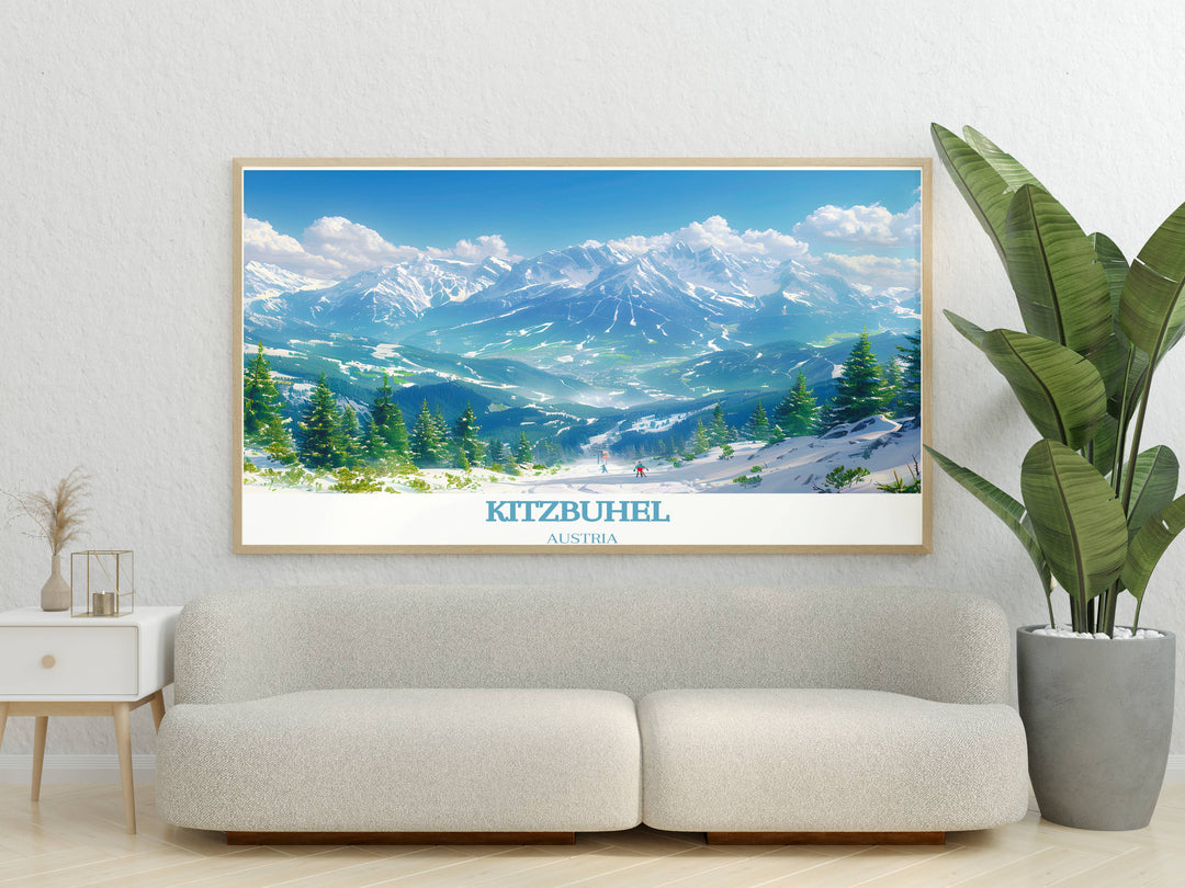 Kitzbuhel Poster featuring the Hahnenkamn Ski Race and stunning landscapes of Tirol Austria a perfect addition to any home for those who love skiing and alpine beauty ideal for living room decor