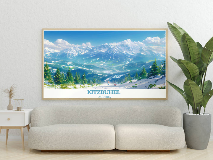 Kitzbuhel Poster featuring the Hahnenkamn Ski Race and stunning landscapes of Tirol Austria a perfect addition to any home for those who love skiing and alpine beauty ideal for living room decor