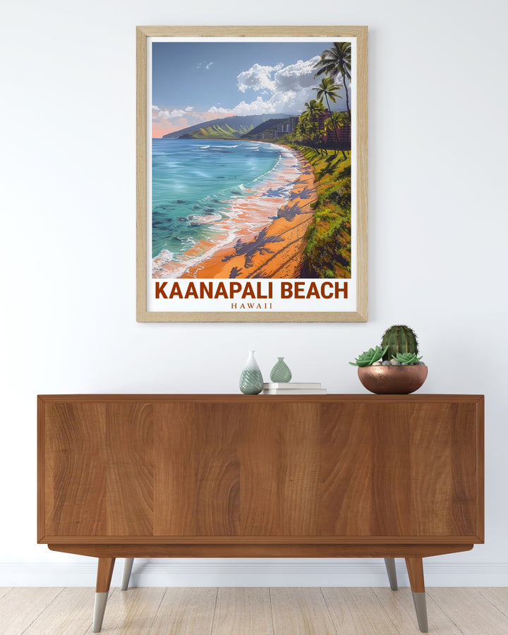 Maui print highlighting the vibrant colors and peaceful setting of Kaanapali Beach. This wall art captures the essence of Hawaiis tropical charm, offering a stunning visual thats perfect for creating a relaxing and inviting atmosphere in your home.