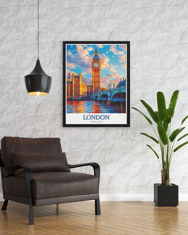 Big Ben and London Bridge stunning print offering a stylish representation of Londons historical landmarks. This perfect wall decor piece adds a classic touch to home interiors with its detailed and modern artwork