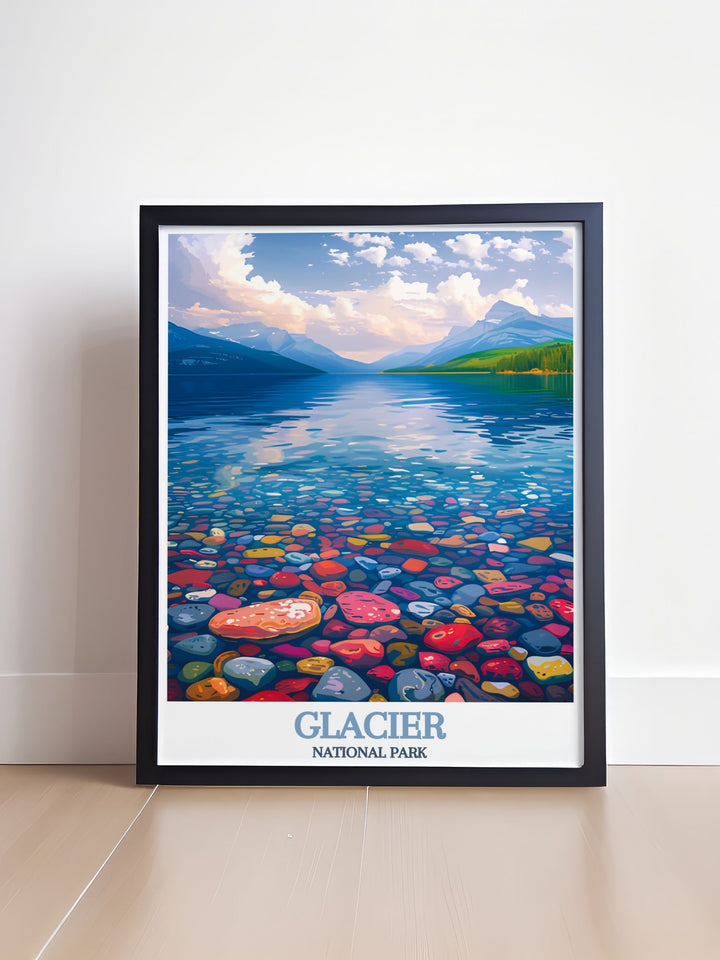 Canvas art depicting Lake McDonald, showcasing the clear waters and majestic mountains, making it a perfect piece for those who love Americas natural beauty and scenic wonders.