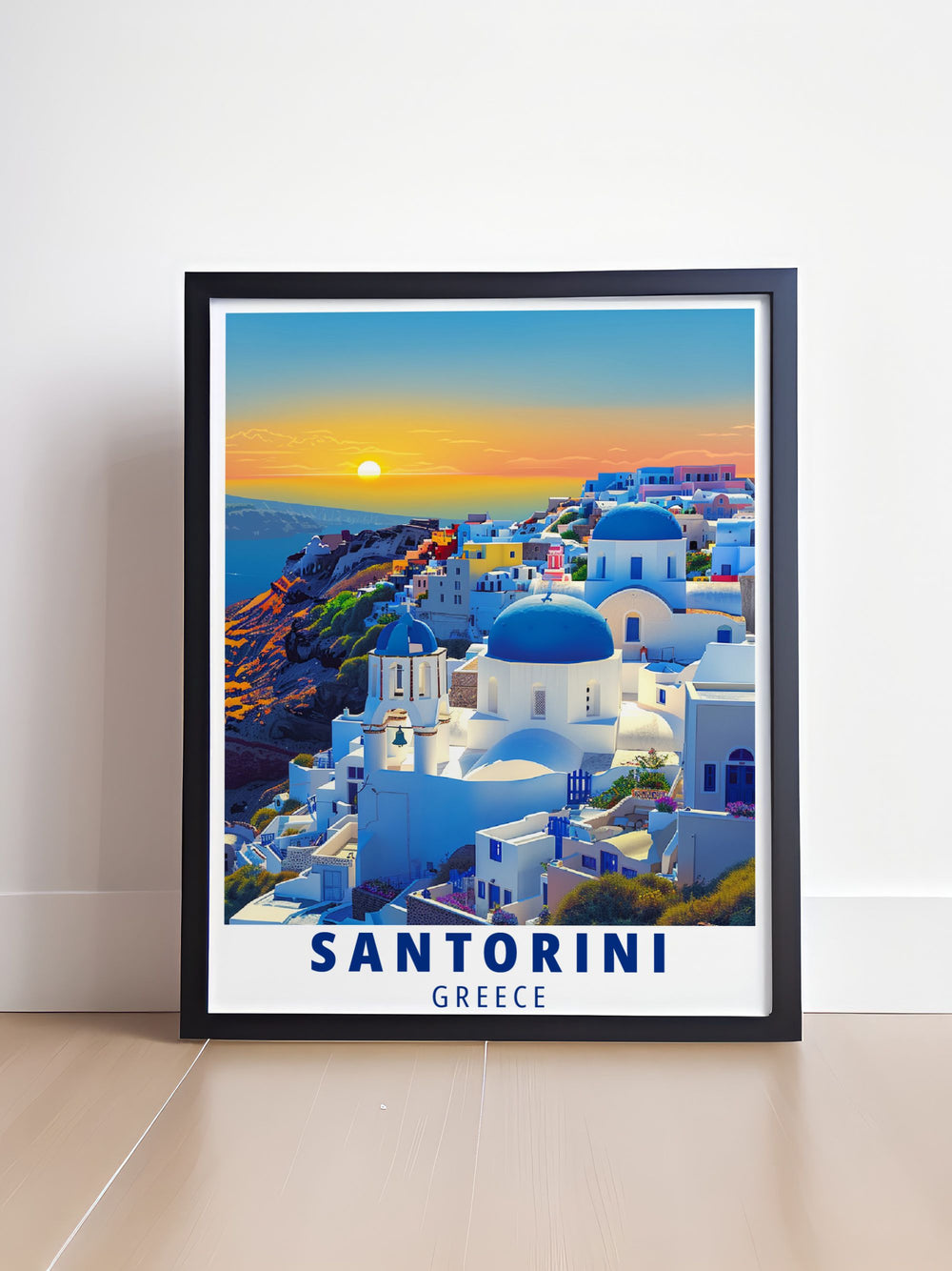 A beautiful travel poster that features Oia in Santorini, showcasing the villages narrow streets and stunning sea views. This piece of art is perfect for lovers of Greece and those who want to bring a touch of Mediterranean serenity to their decor.