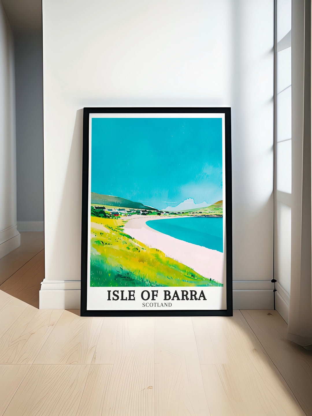 This Isle of Barra poster print captures the scenic beauty of Scotlands Outer Hebrides. Traigh Mhor Beach, with its vast stretches of sand and picturesque setting, is highlighted in this travel print, making it perfect for beach lovers and Scotland enthusiasts alike. Add a coastal touch to your home with this unique art piece.