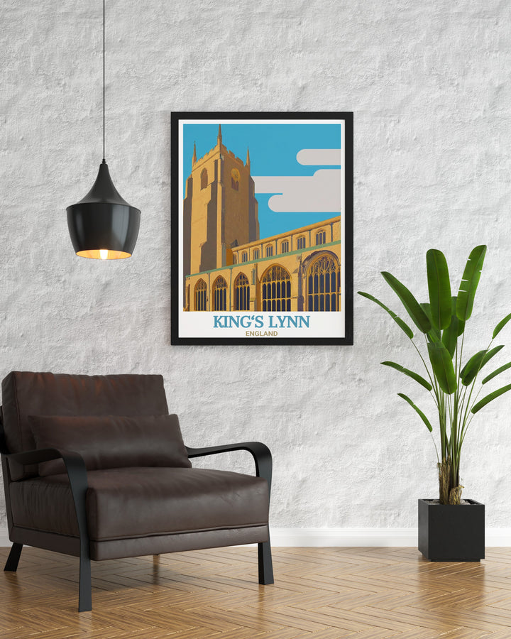 This Kings Lynn travel poster showcases the grand St. Margarets Church, a medieval masterpiece in England. Ideal for anyone interested in English landmarks, this artwork is a wonderful gift for travelers or history enthusiasts.