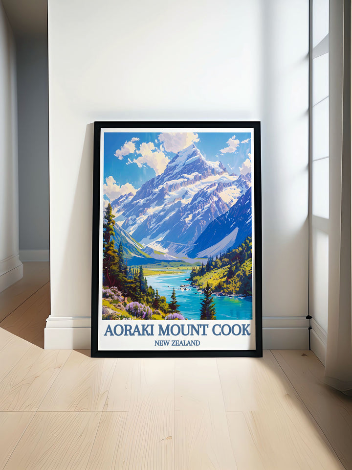 Lake Pukaki framed art capturing the reflective turquoise waters with Aoraki Mount Cook towering in the backdrop, illustrating New Zealands rugged wilderness in vivid detail.