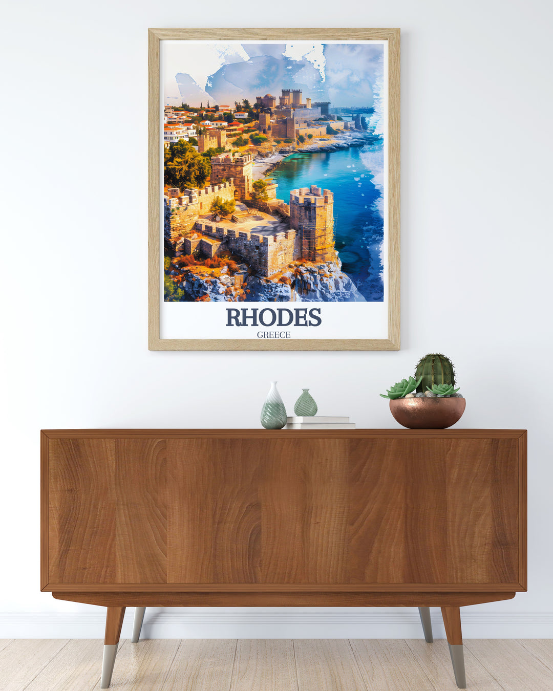 Greece Travel Print showcasing the Palace of the Grand Master and Old Town of Rhodes, offering a stunning look at the islands medieval charm. This artwork is perfect for those who appreciate travel, history, and beautiful decor.