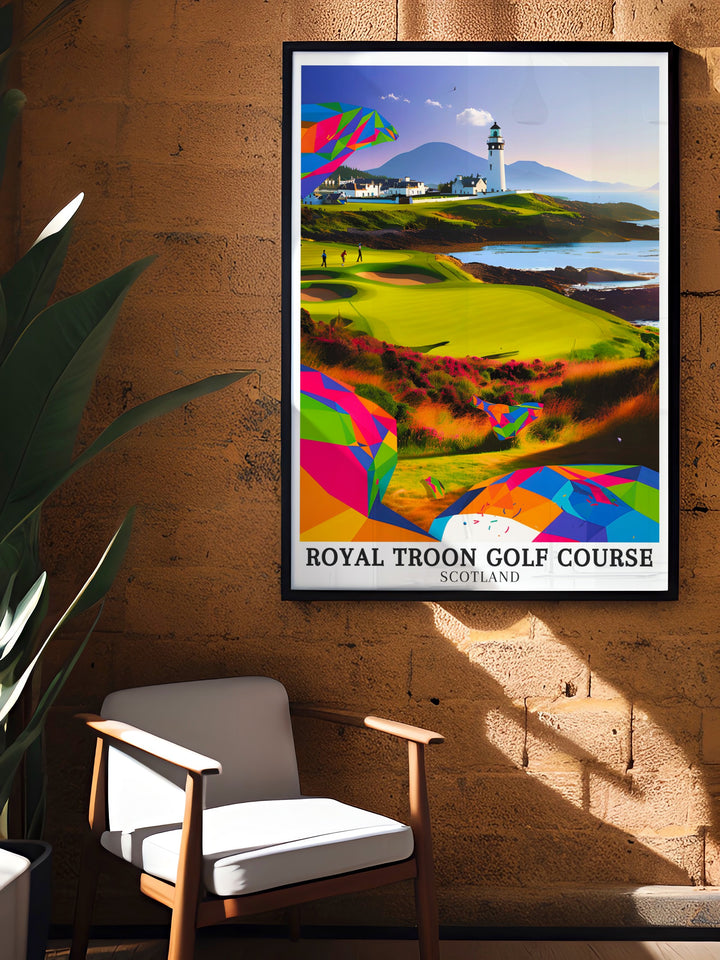 Golf art print of Royal Troon located on the Ayrshire coastline with views of the Isle of Arran perfect for adding a touch of the Scottish Highlands to your home golf club or office decor celebrates golf history from Royal Dornoch to Augusta National