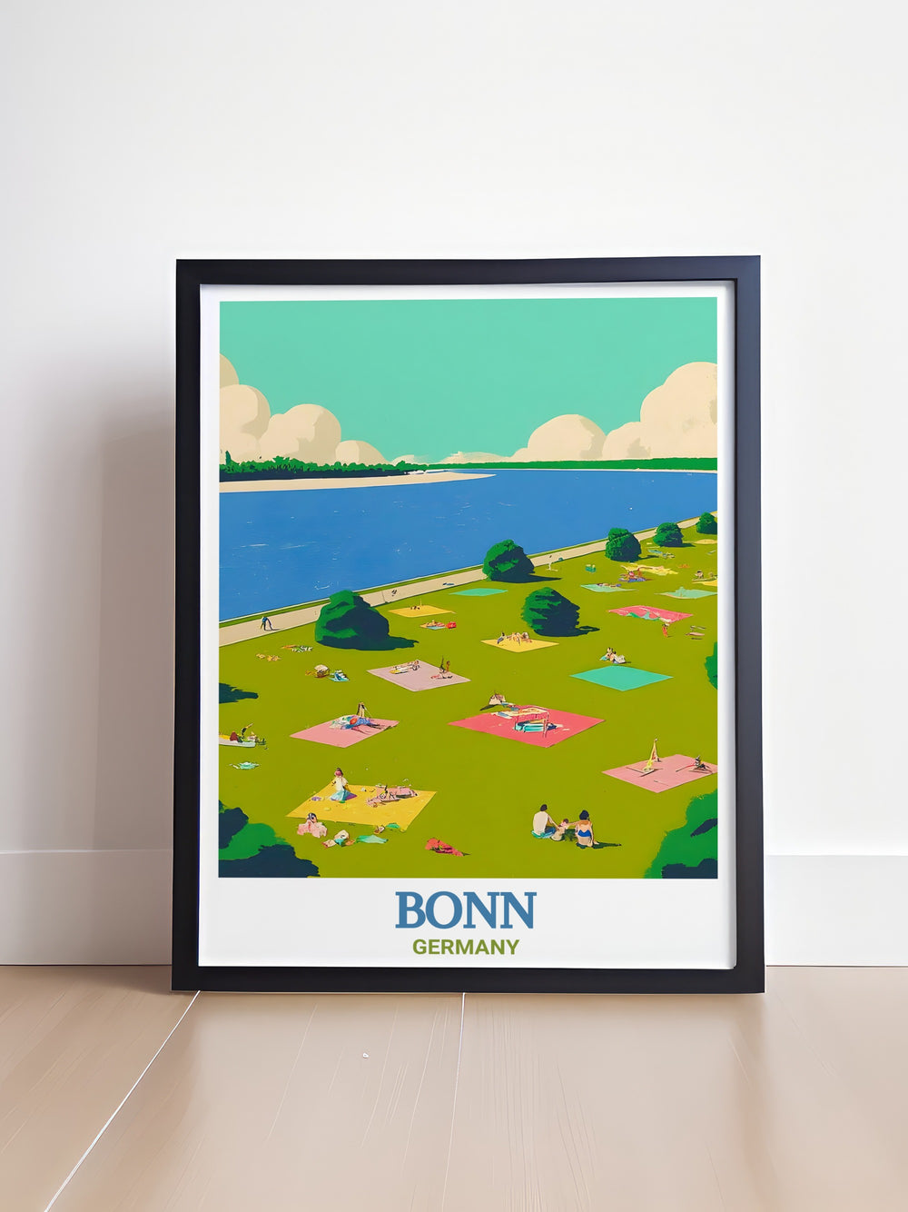 This Bonn poster print highlights the lush landscapes of Rheinaue Park, one of Germanys most peaceful urban parks. A great gift for nature lovers, this travel print brings the serene beauty of Bonns park into your home, offering a daily escape into nature.