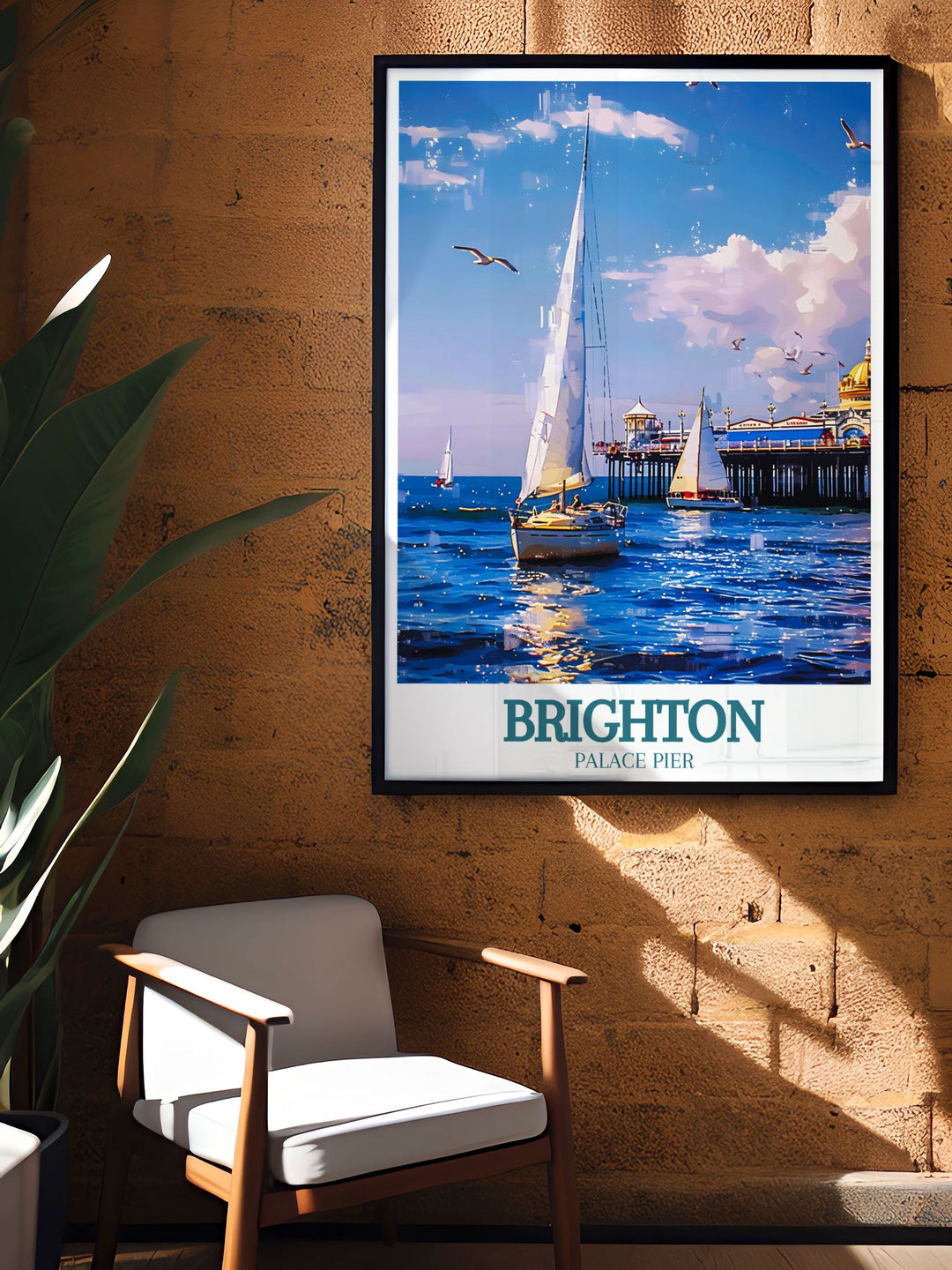 Brighton Palace Pier framed print highlighting the pier and the picturesque English Channel, a must have vintage travel print for those who love coastal scenes and nostalgic art.