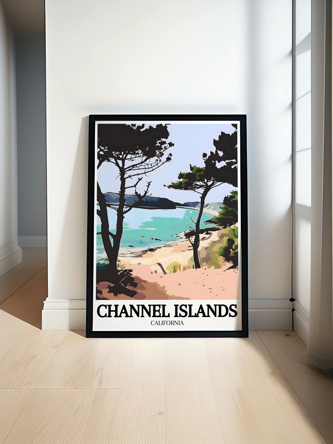 Vintage travel print featuring Santa Cruz Island, Painted Cave sea cave and the stunning landscapes of Channel Islands National Park a perfect addition to your collection of National Park posters and USA travel prints.