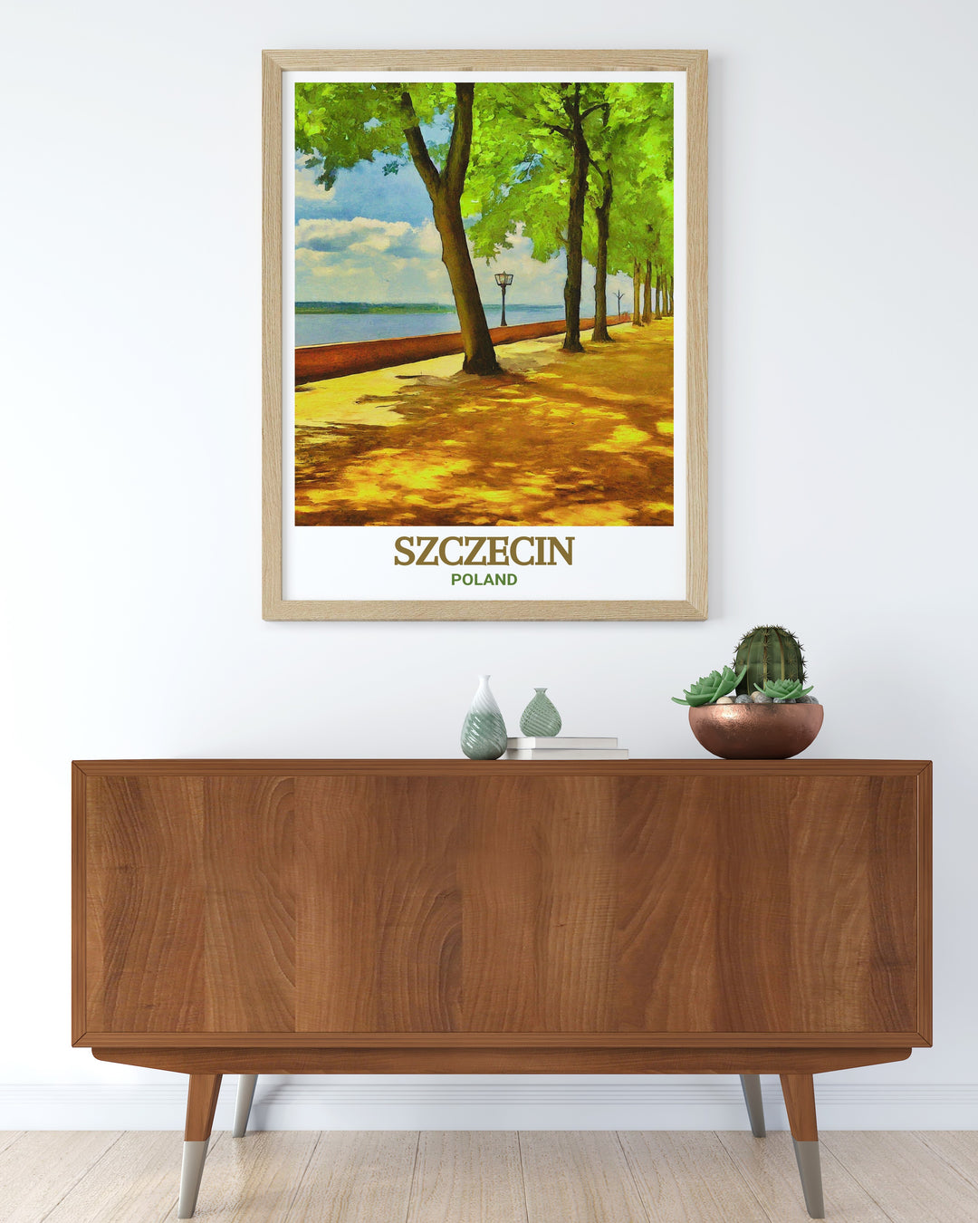 Art print of Kasprowicz Park in Szczecin, Poland. Showcasing the parks lush greenery and scenic views, this piece is perfect for anyone who loves Polish landscapes and wants to add a touch of nature to their decor.