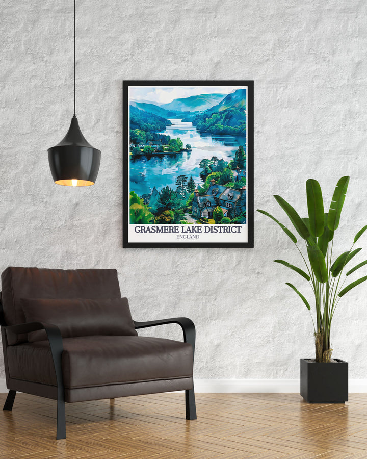 Depicting the charming Grasmere Village in the Lake District, this poster highlights the stone cottages and vibrant gardens, perfect for bringing English charm into any space.