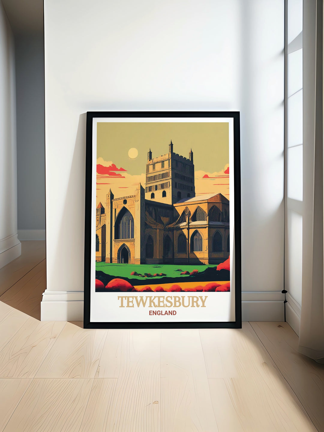 Tewkesbury Abbey modern print showcasing the stunning historical architecture of Tewkesbury Abbey with intricate details in vibrant colors ideal for adding elegance to any space or as a thoughtful England travel gift