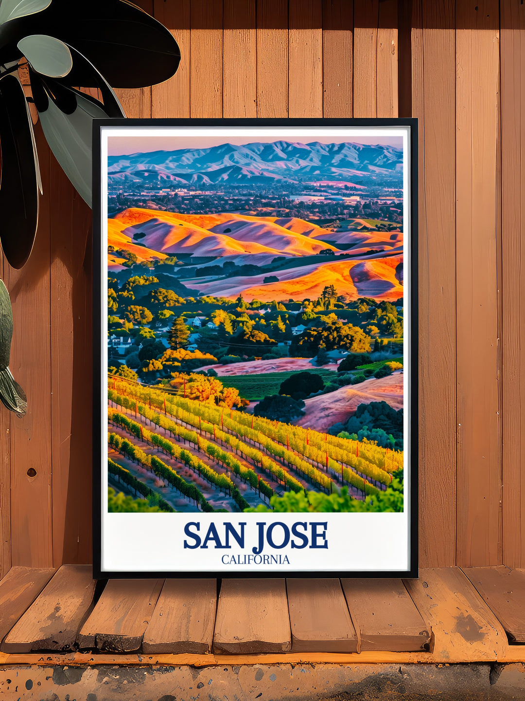 This art print beautifully depicts San Jose, Almaden Valley, and the Santa Cruz Mountains. The combination of urban and natural landscapes creates a unique poster that captures the essence of Californias varied geography.