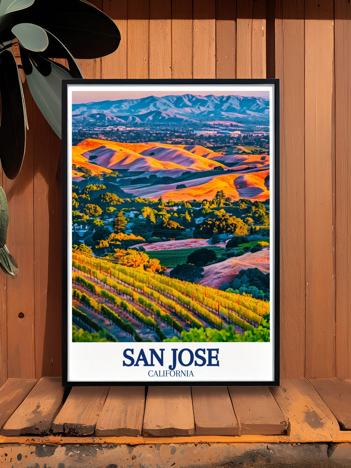 This art print beautifully depicts San Jose, Almaden Valley, and the Santa Cruz Mountains. The combination of urban and natural landscapes creates a unique poster that captures the essence of Californias varied geography.