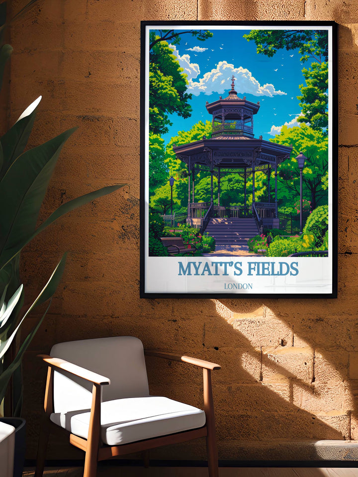 Retro London Print of The Bandstand presenting detailed views of Myatts Fields and Camberwell parks ideal for those seeking elegant and nostalgic home accents