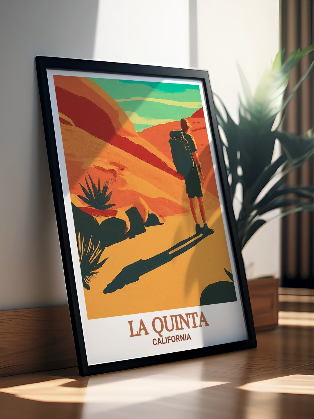 La Quinta framed art featuring the Cove Oasis Trailhead. This travel print captures the unique beauty of Californias desert, with its serene landscapes and majestic mountain views. A great addition to any home or office decor.