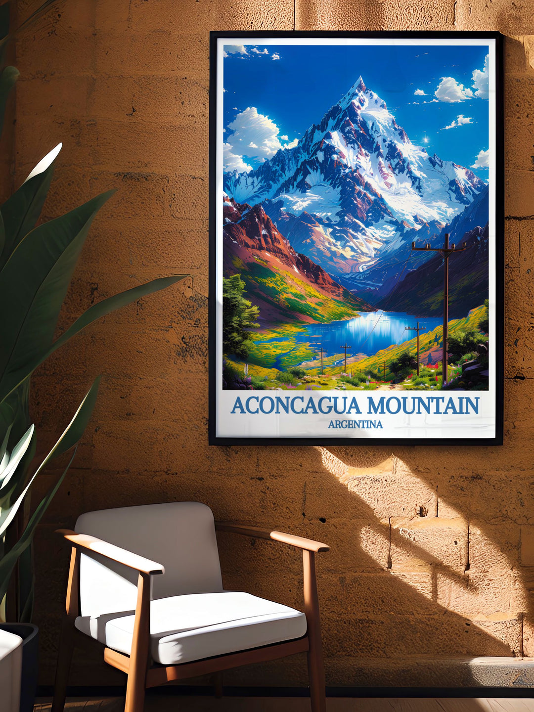 A beautifully framed print of Aconcagua Mountain offering a vintage travel print aesthetic perfect for adventurers and those who love the Andes Mountain Range.